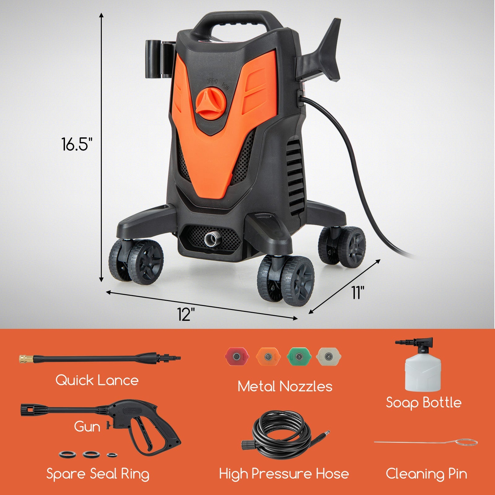 2400 PSI Electric Pressure Washer with 4 Universal Wheels-Orange
