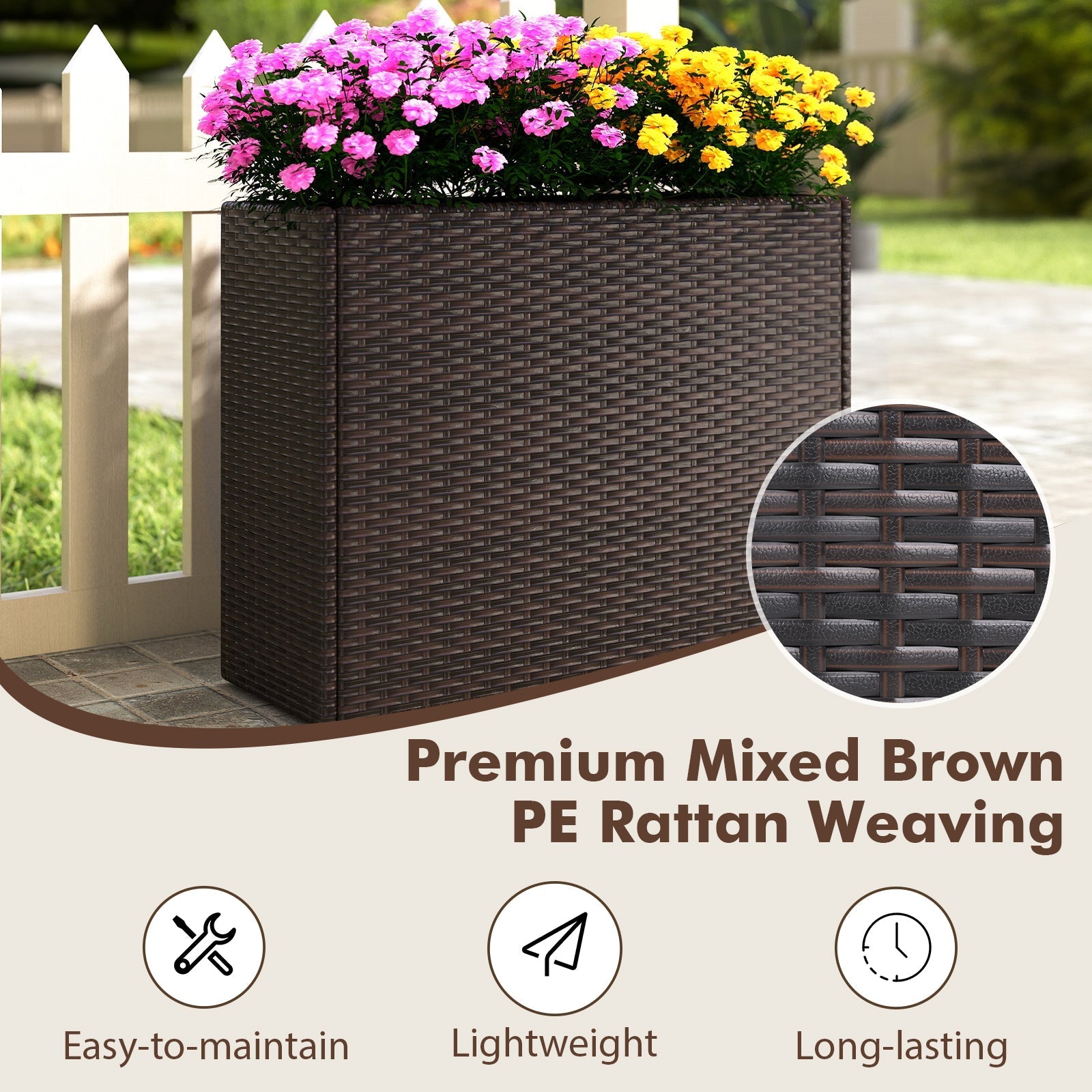 24 Inch Tall Raised Garden Bed All-Weather PE Rattan Wicker Flowerpot with Liner