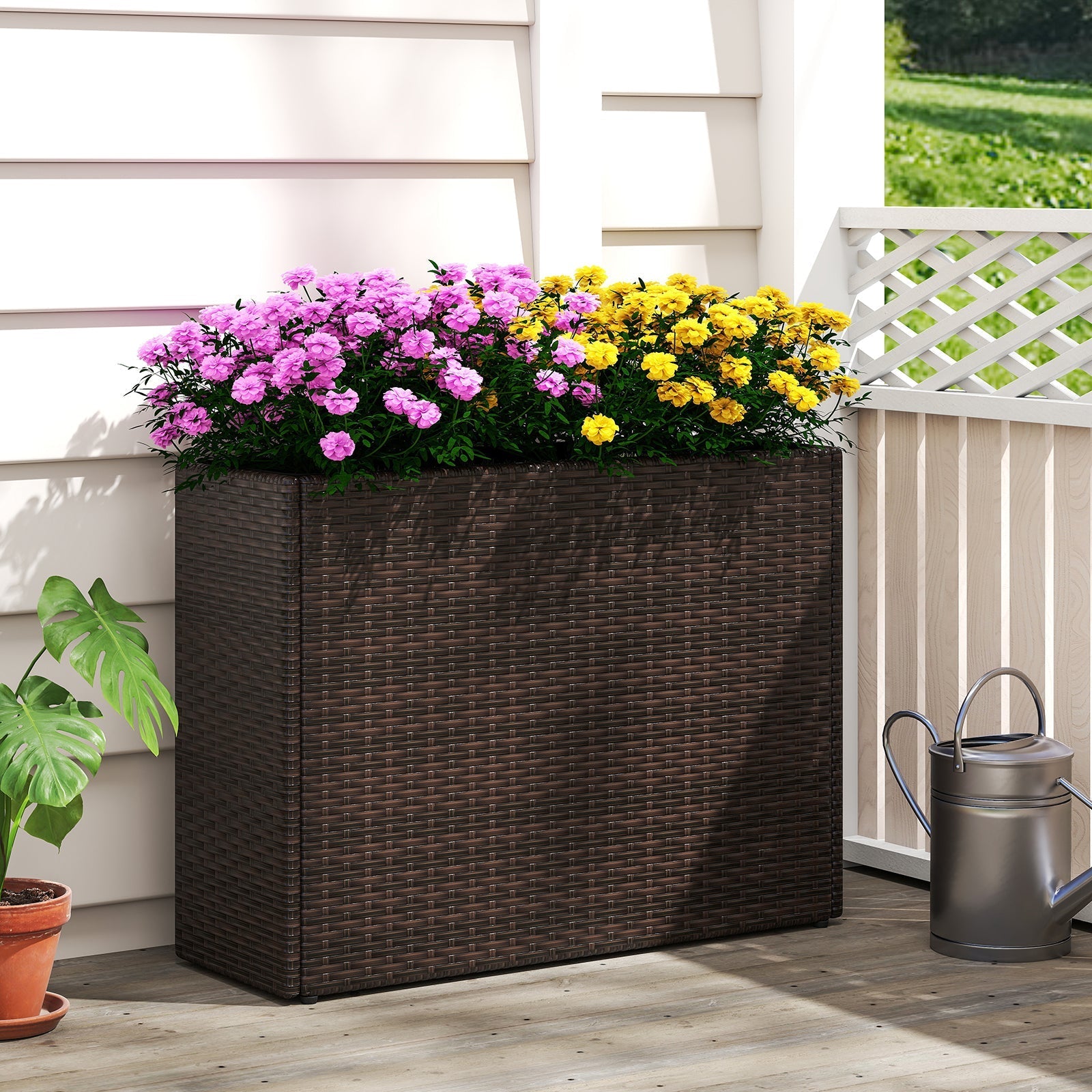 24 Inch Tall Raised Garden Bed All-Weather PE Rattan Wicker Flowerpot with Liner