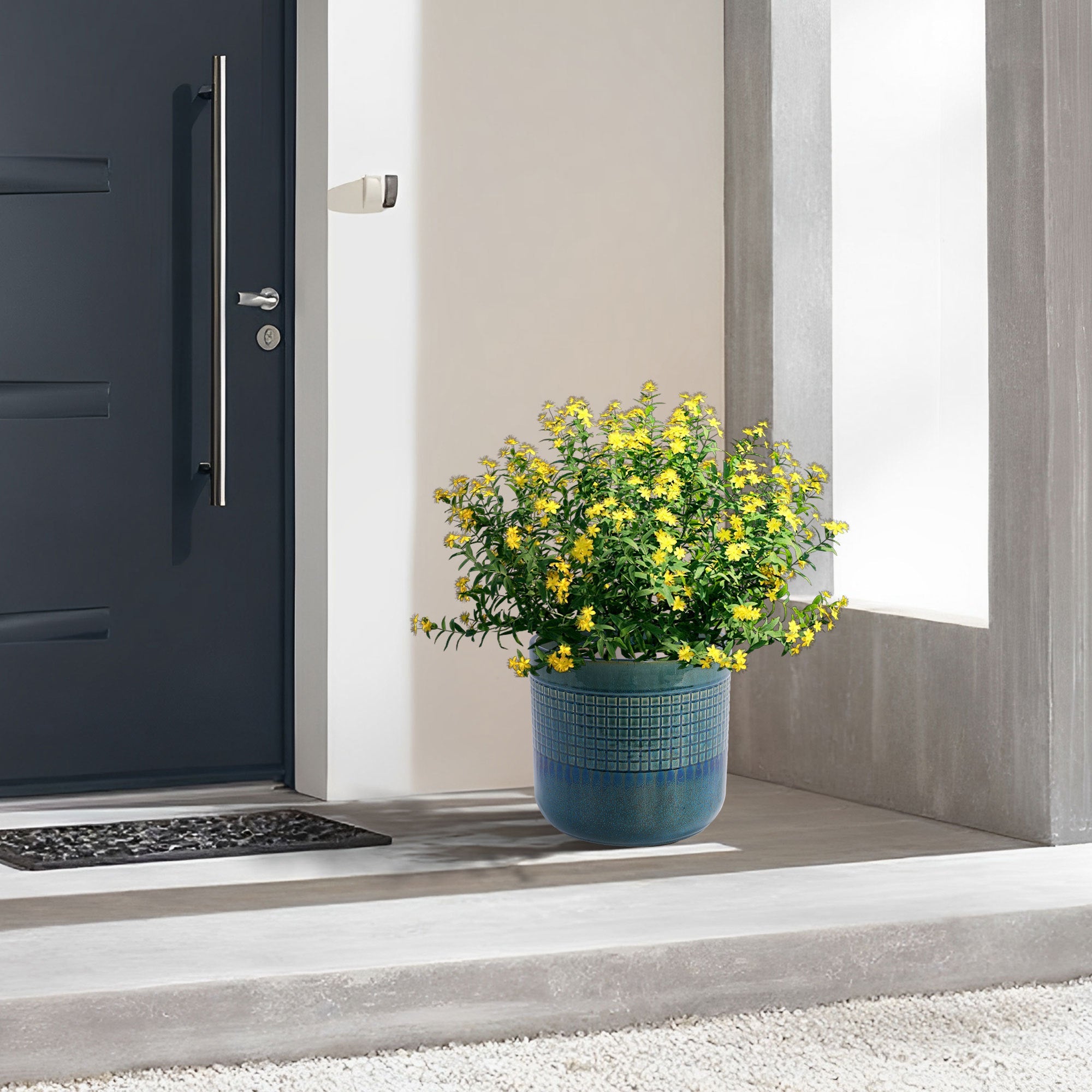 Set of 3 Grid Ceramic Flowerpot, Modern Planter for Patio, Garden, Windowsill - Blue Green