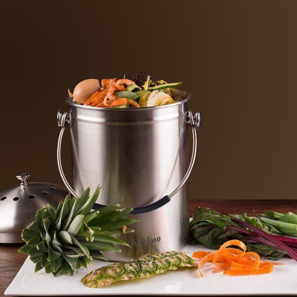 Stainless Steel Compost Bin - 1.3 Gallon Premium Grade 304 Stainless Steel Kitchen Composter - Includes 4 Charcoal Filter, Indoor Countertop Kitchen Recycling Bin Pail