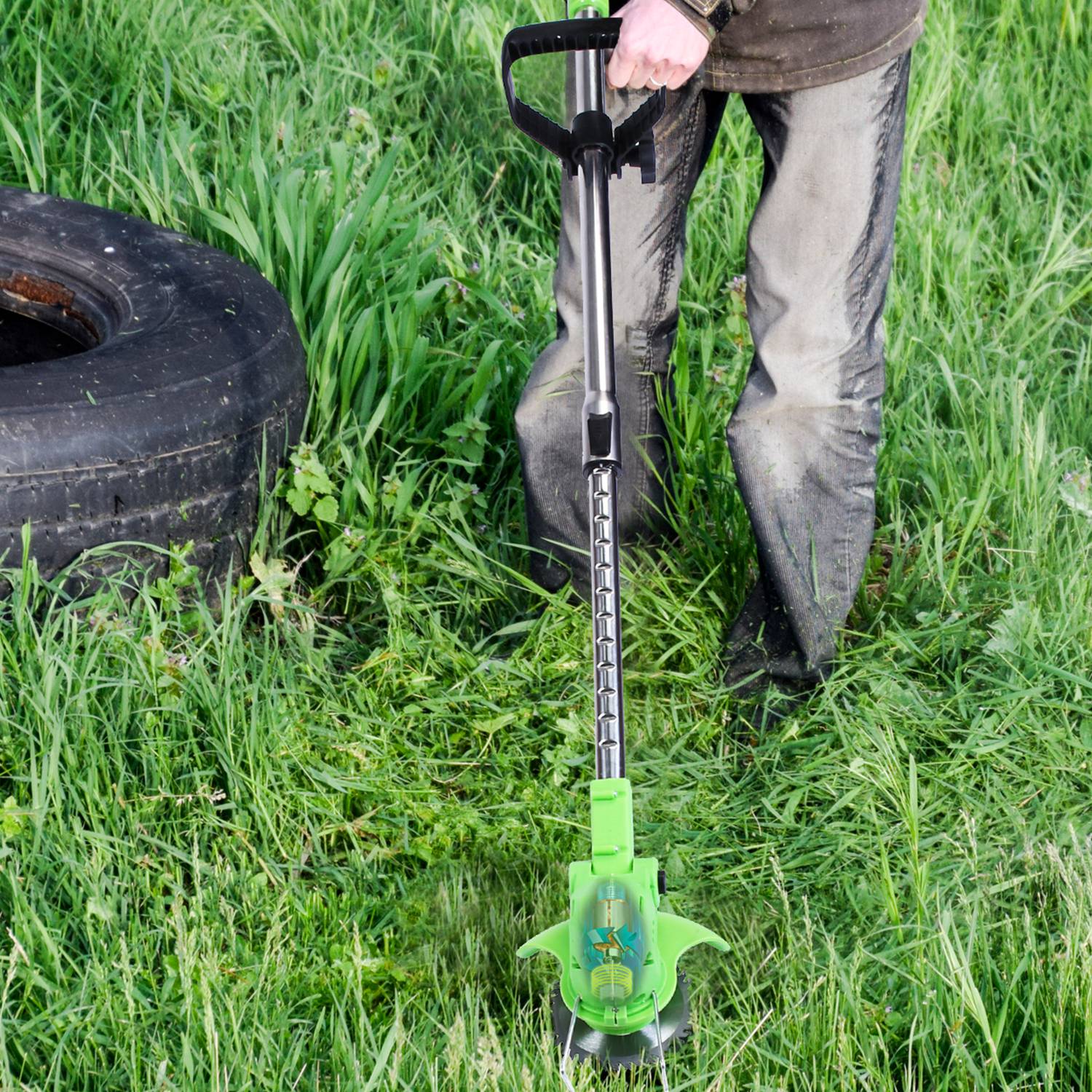 12V 200W Cordless Grass Trimmer Rechargeable Lawn Mower 9000M/Min Weed Cutter with Saw Blade 2 Stainless Steel Blades 10 Plastic Blades 2 Rechargeable