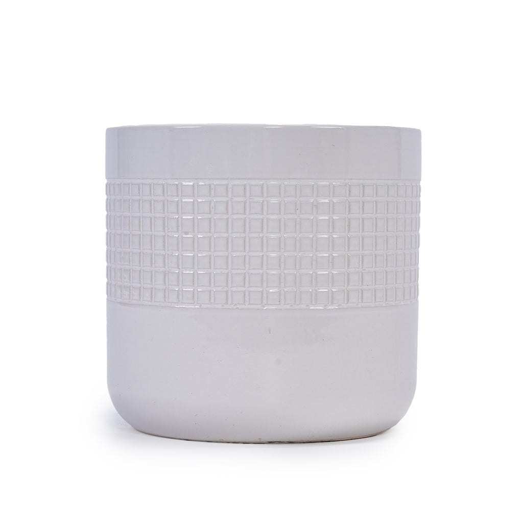 Set of 3 Grid Ceramic Flowerpot, Modern Planter for Patio, Garden, Windowsill - Ancient White