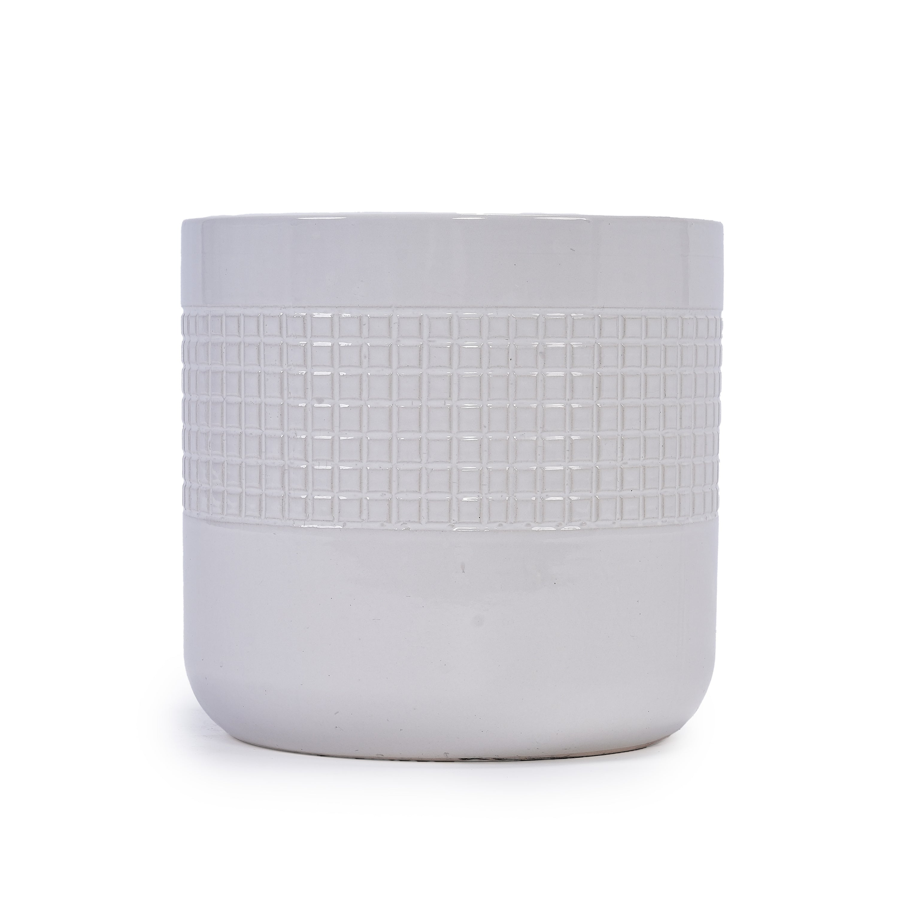 Set of 3 Grid Ceramic Flowerpot, Modern Planter for Patio, Garden, Windowsill - Ancient White