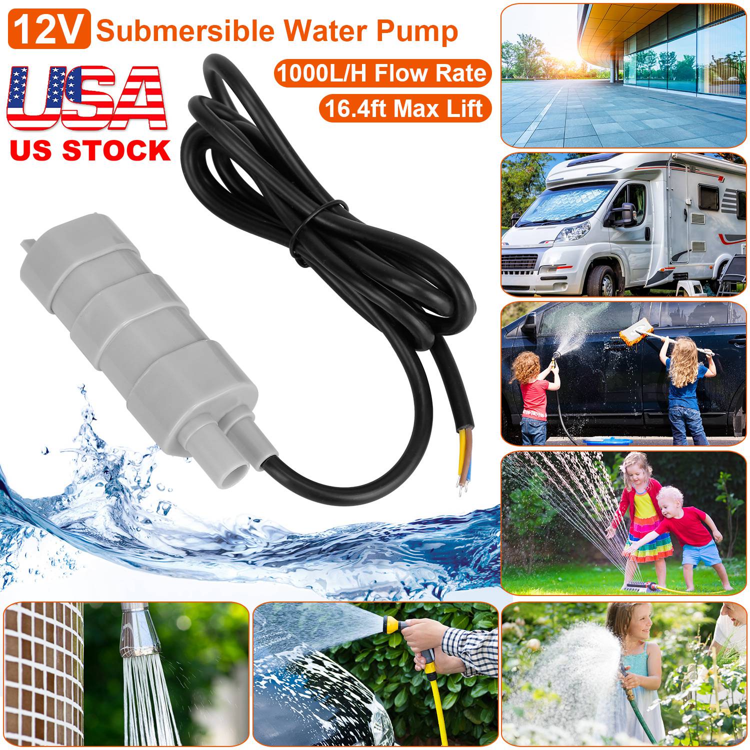 12V Submersible Water Pump with 16.4ft Max Lift 1000L/H Flow Rate for Garden Sprinklers Lawn Shower Tour Vehicles