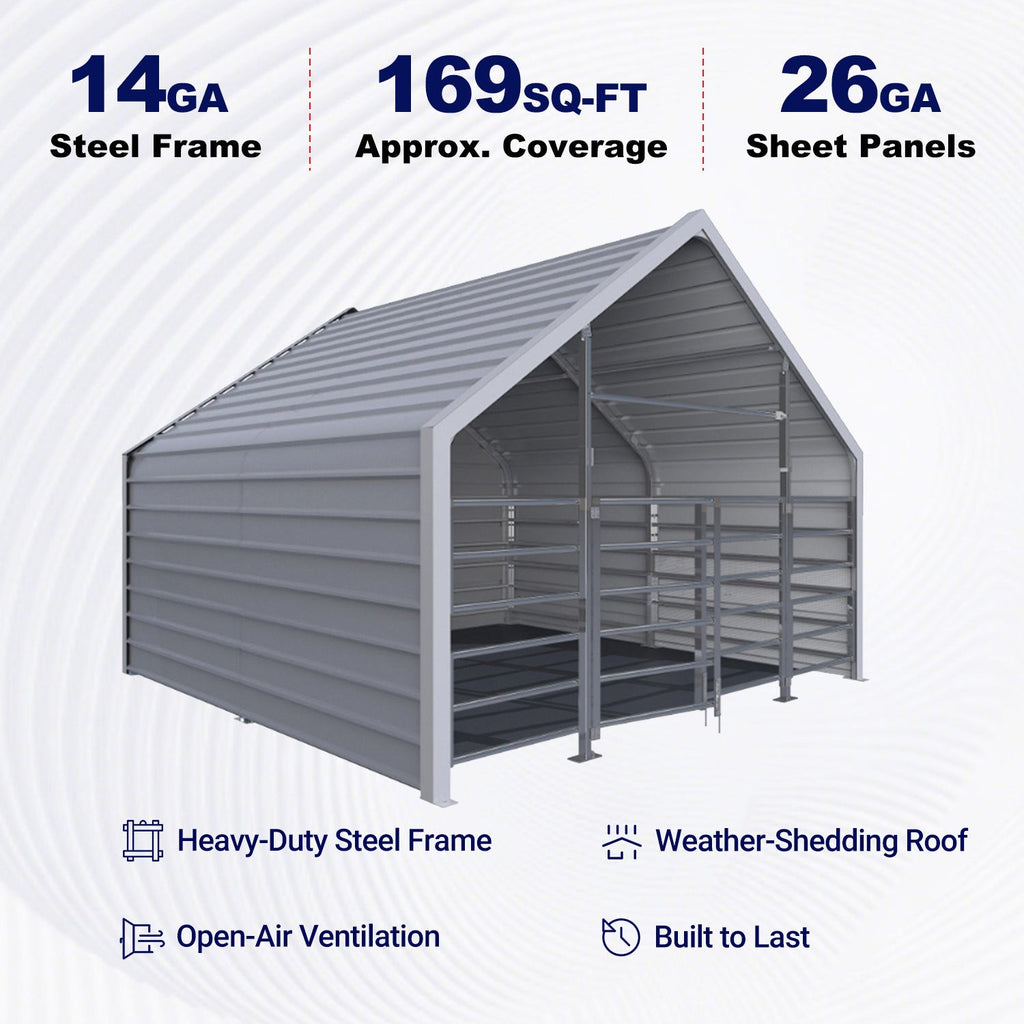 13ftx13ft Metal Livestock Shelter with Enclosed Rear Panel
