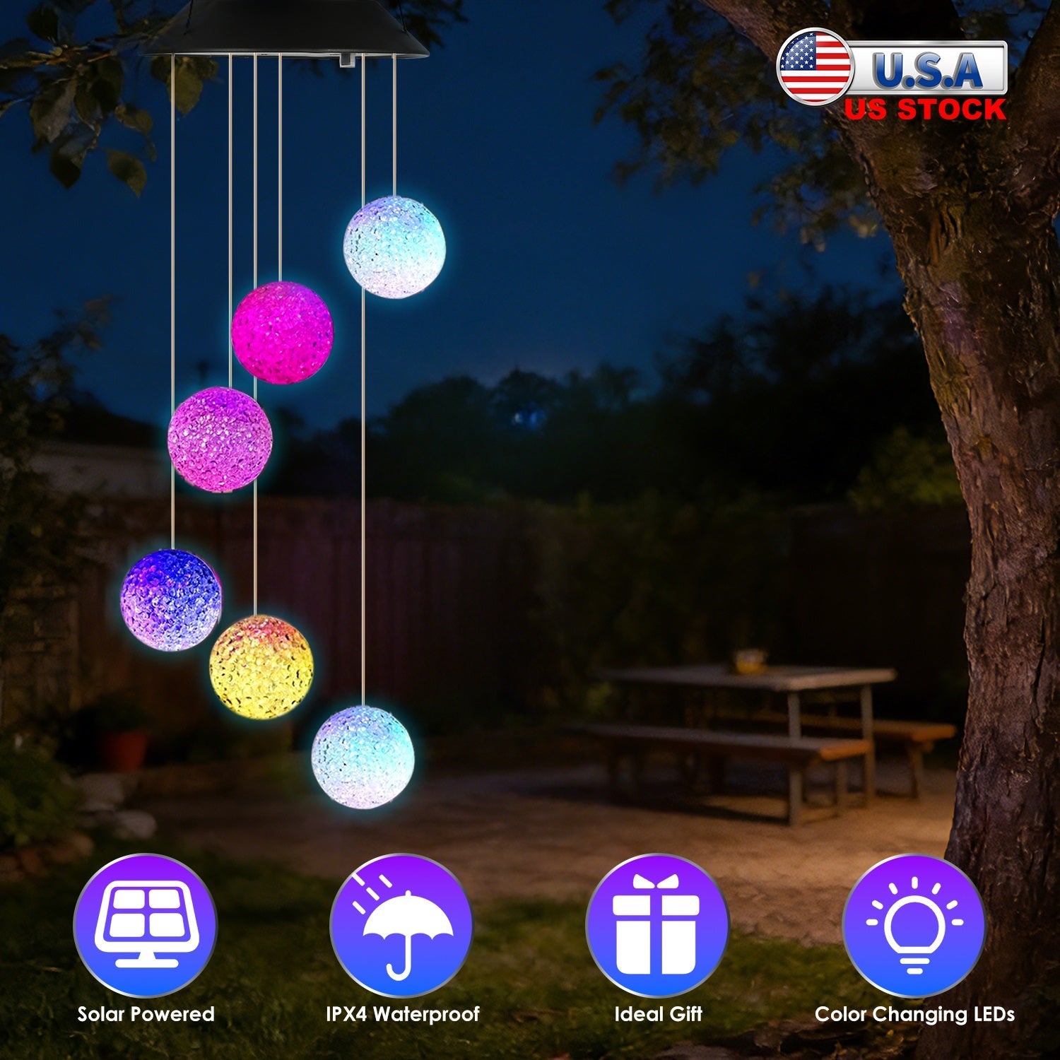 Solar Ball Wind Chime 7 Color Changing Wind Chime for Outside IPX4 Waterproof Outdoor Garden Yard Decor