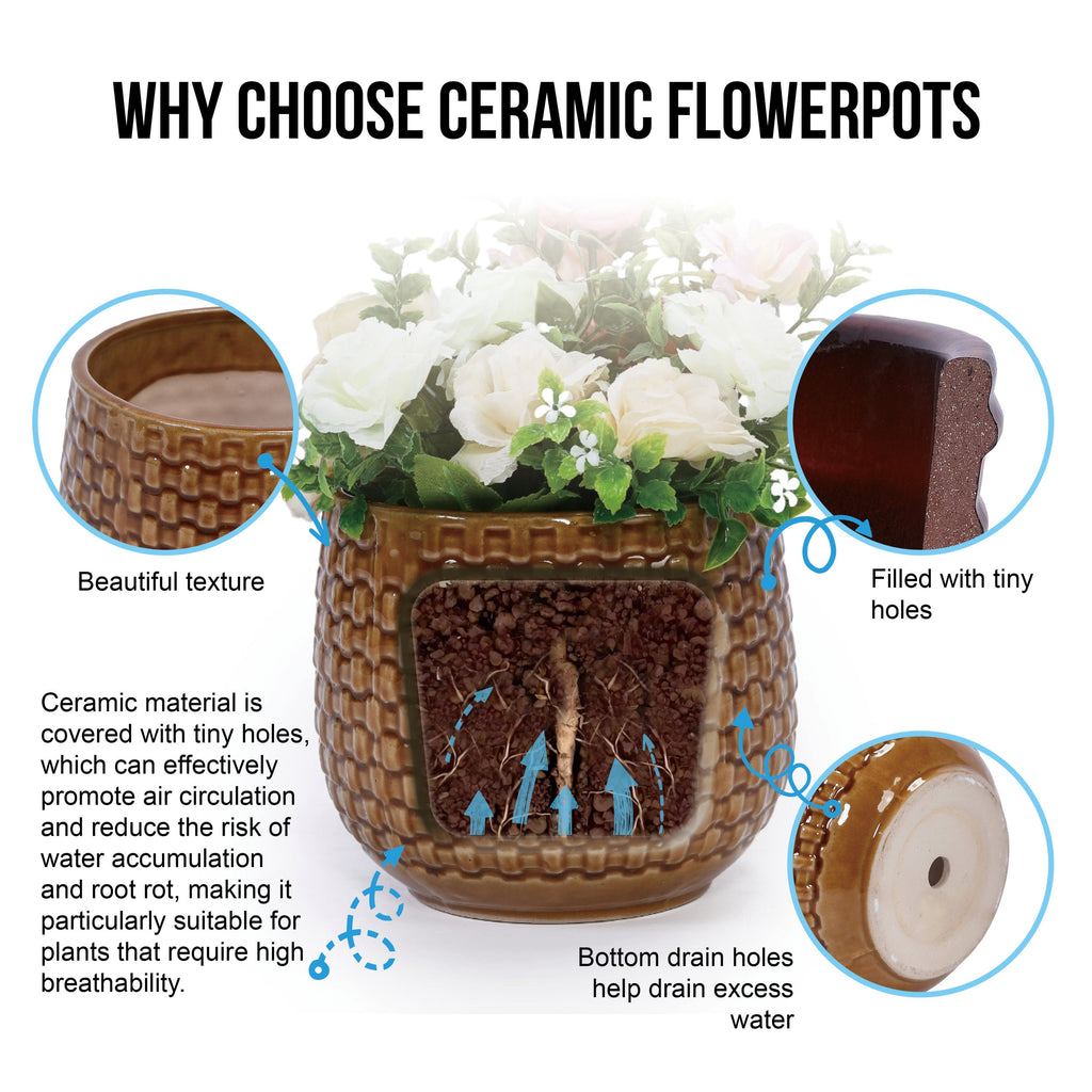 3 Pieces Ceramic Flowerpot, Modern Planter for Patio, Garden or Windowsills - Orange & Dark Brown