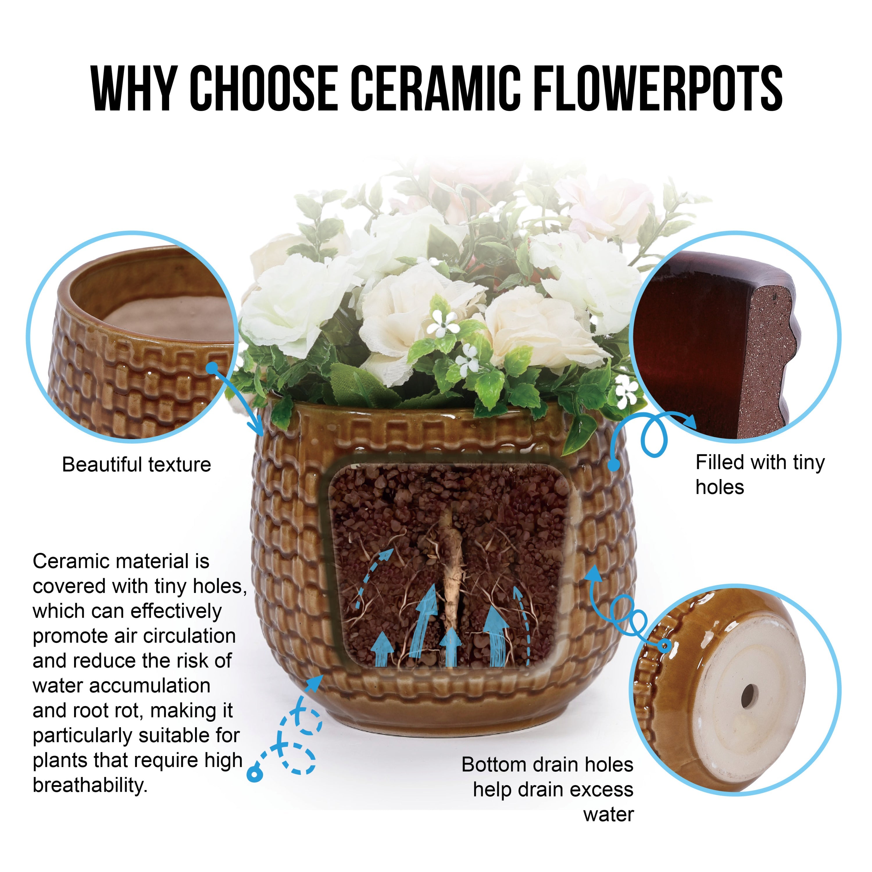 3 Pieces Ceramic Flowerpot, Modern Planter for Patio, Garden or Windowsills - Orange & Dark Brown