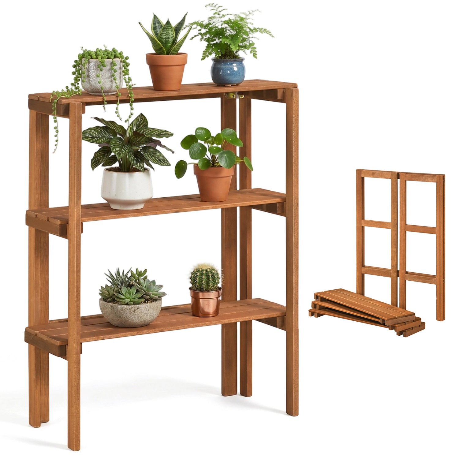 3-Tier Folding Wooden Storage Shelf for Entryway & Garden