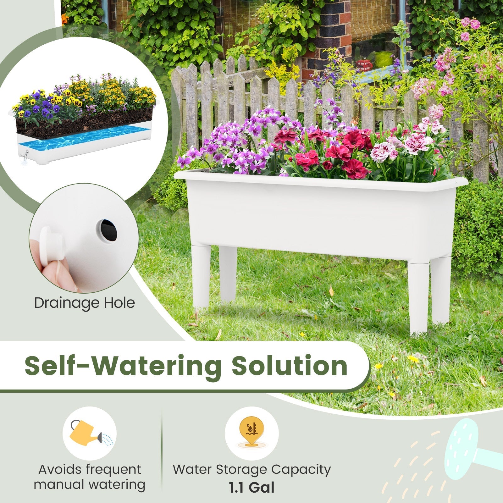 2 PCS Raised Garden Beds Self-Watering Planter Box with Detachable Legs and Drainage Hole