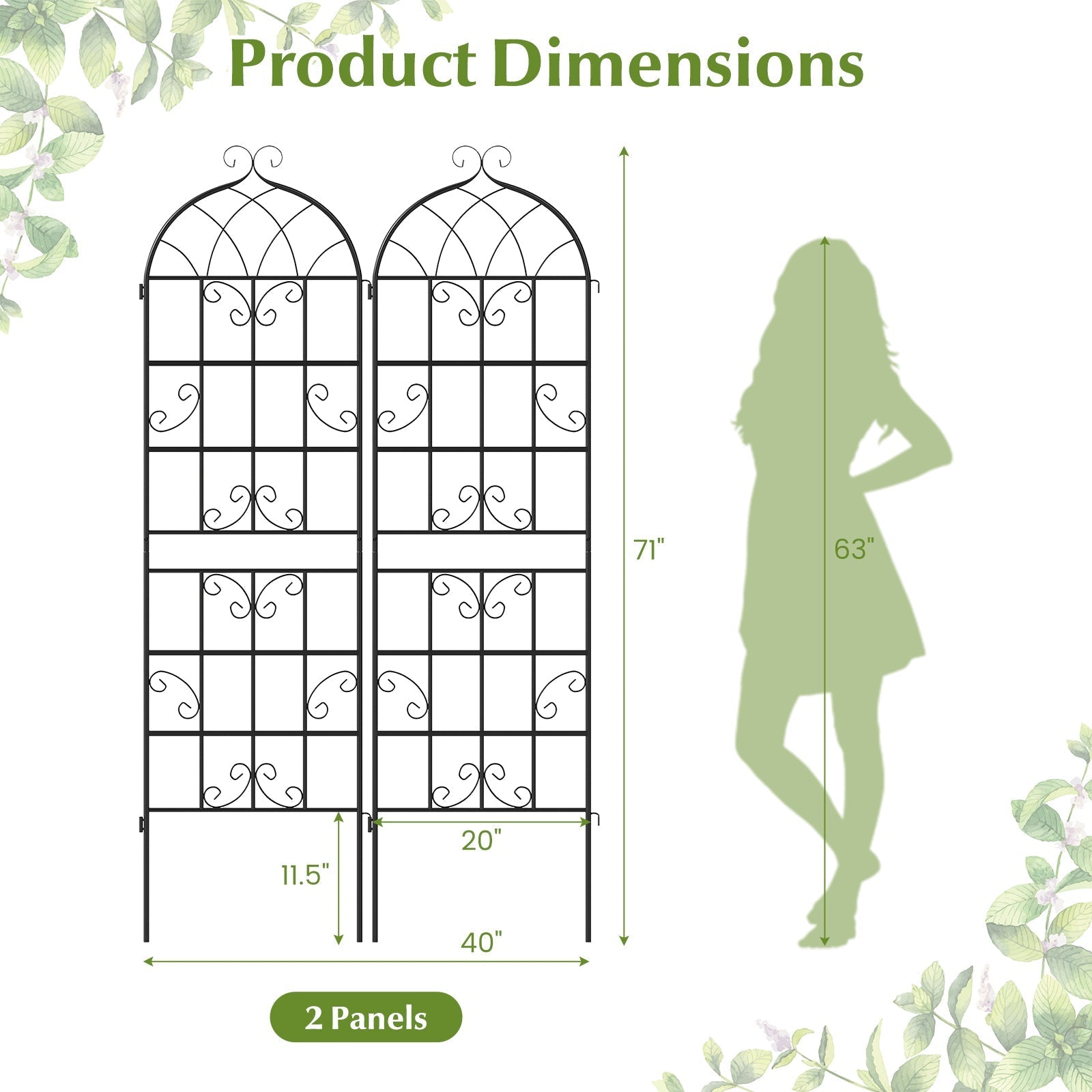 2 Pack 71" x 20" Metal Garden Trellis for Outdoor Climbing Plants