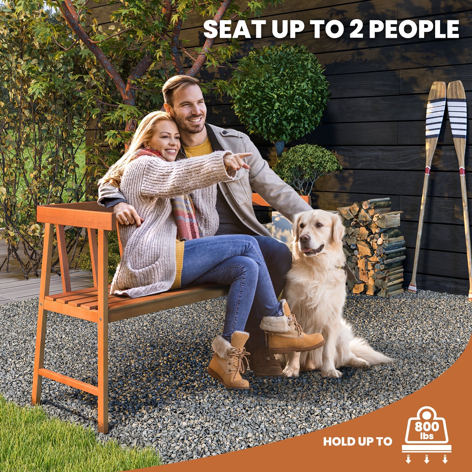 Outdoor Eucalyptus Wood Bench with Backrest and Armrests