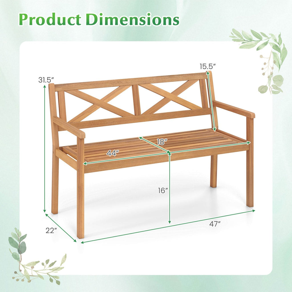 2-Person Patio Acacia Wood Garden Chair with Armrests and Backrest for Backyard