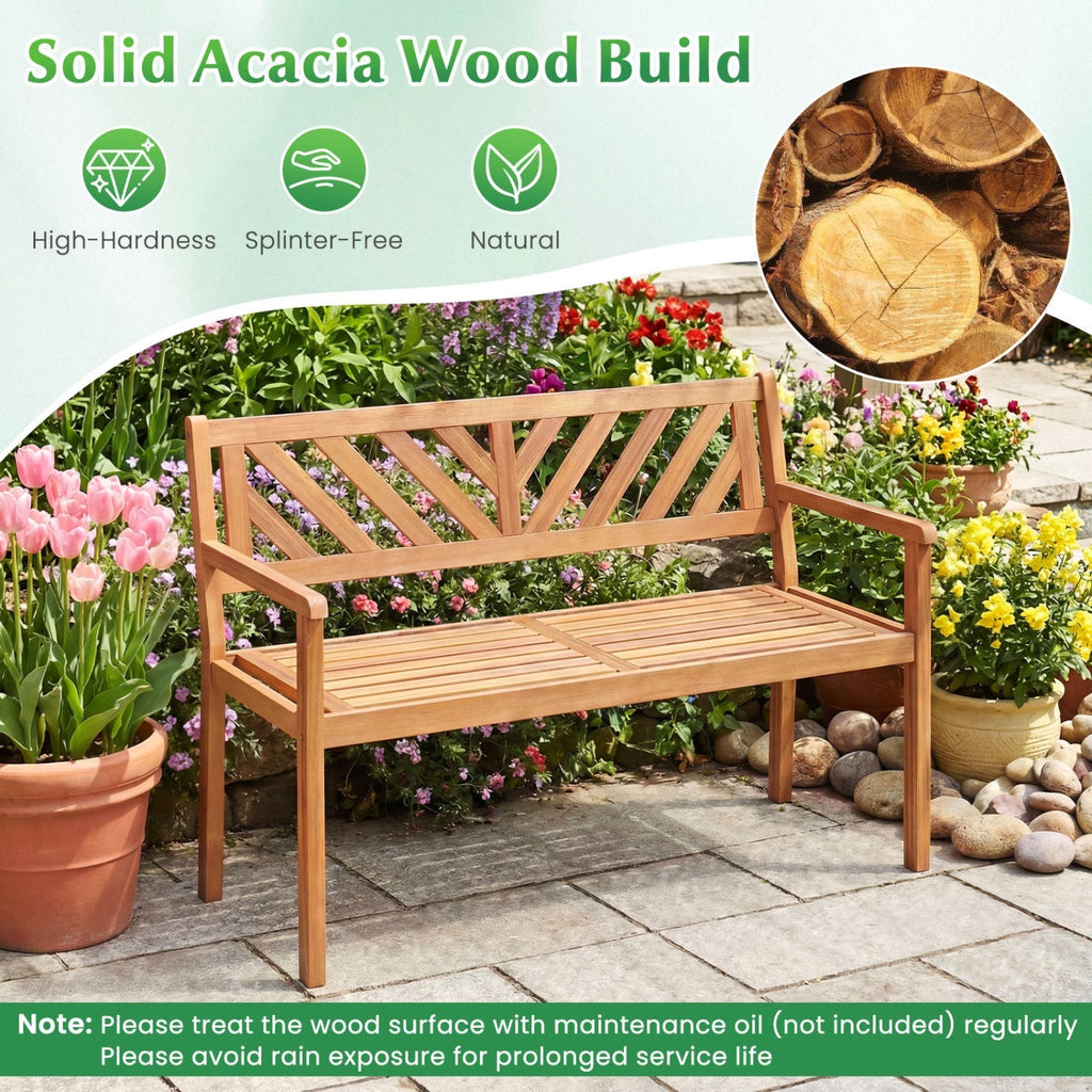 2-Person Patio Acacia Wood Garden Chair with Armrests and Backrest for Porch