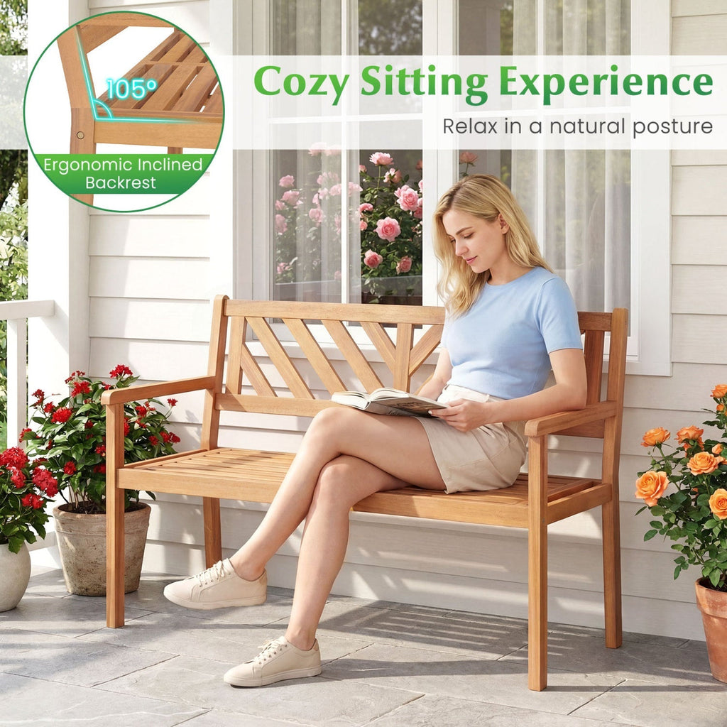 2-Person Patio Acacia Wood Garden Chair with Armrests and Backrest for Porch