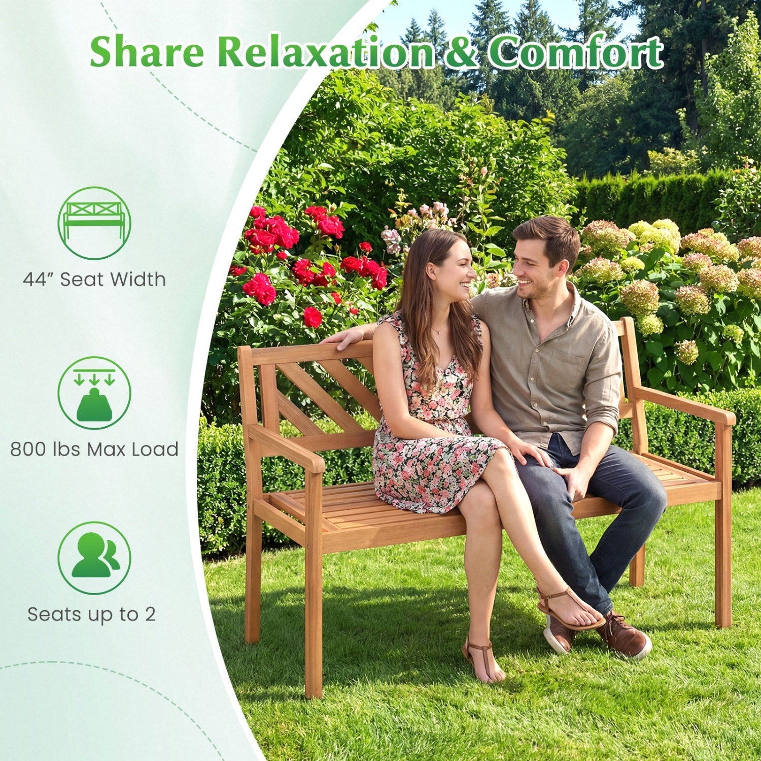 2-Person Patio Acacia Wood Garden Chair with Armrests and Backrest for Porch