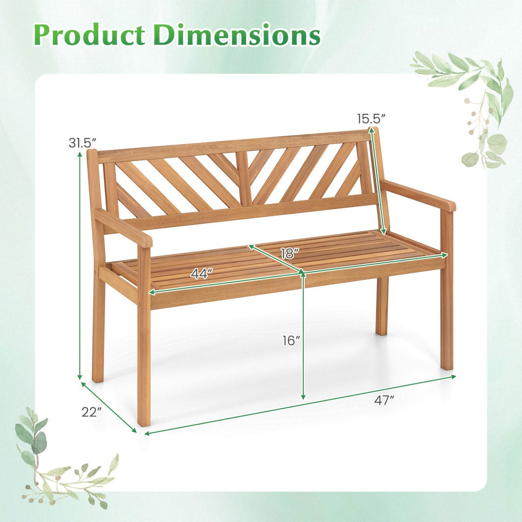 2-Person Patio Acacia Wood Garden Chair with Armrests and Backrest for Porch