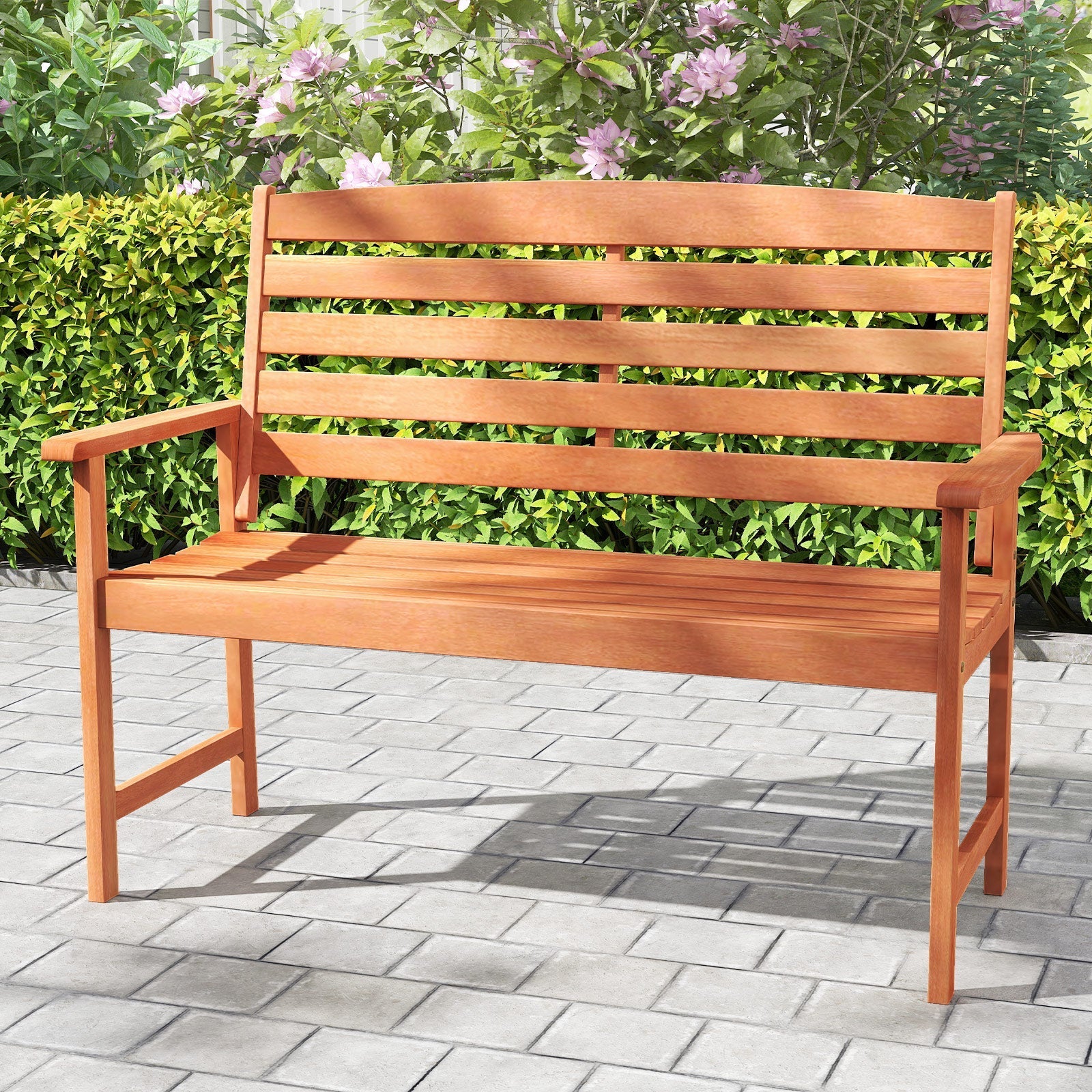2-Person Wooden Garden Bench with Slatted Backrest and Comfortable Armrests