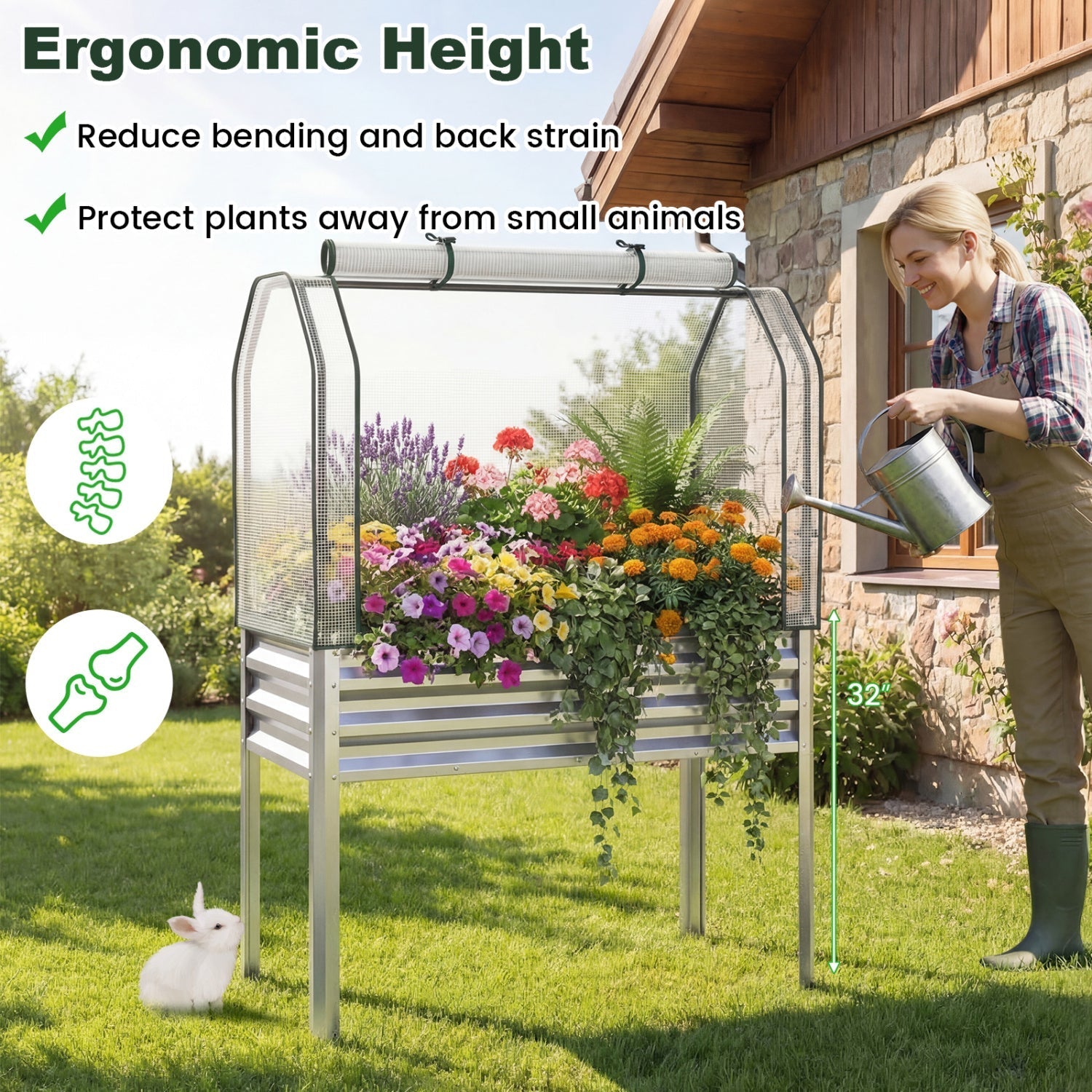 2 Pieces Galvanized Raised Garden Bed with Legs and Greenhouse Cover for Vegetable Flower
