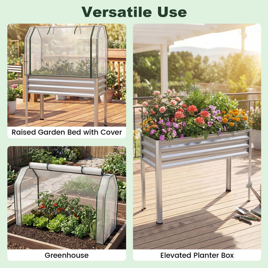 2 Pieces Galvanized Raised Garden Bed with Legs and Greenhouse Cover for Vegetable Flower