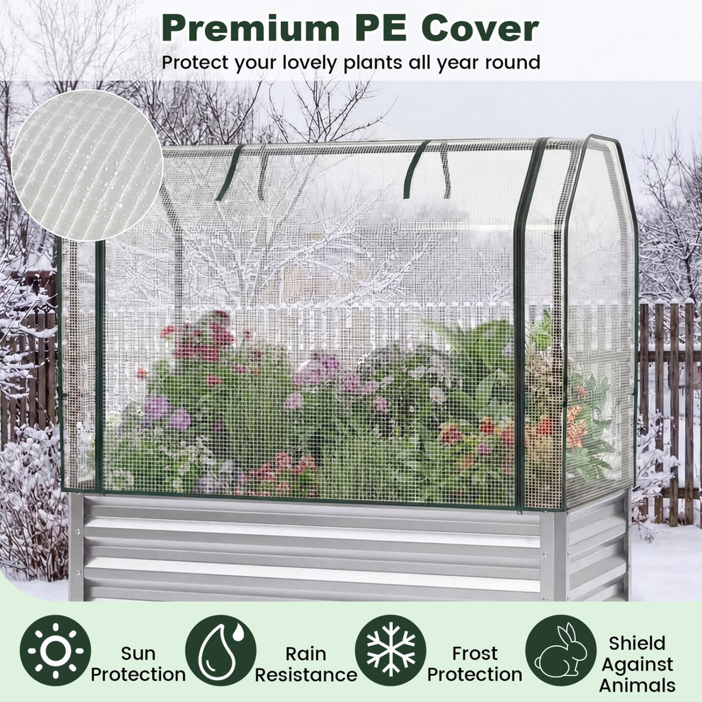 2 Pieces Galvanized Raised Garden Bed with Legs and Greenhouse Cover for Vegetable Flower