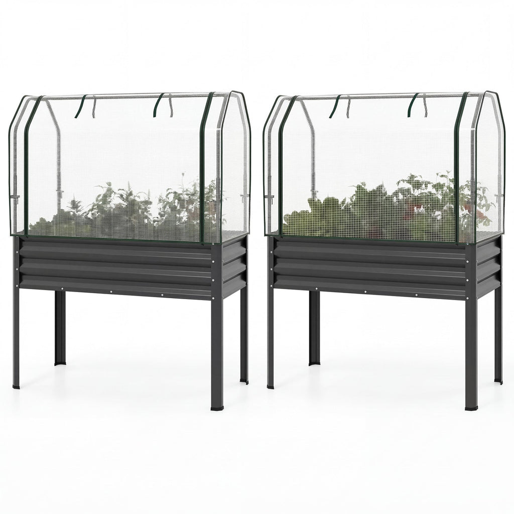 2 Pieces Galvanized Raised Garden Bed with Legs and Greenhouse Cover for Vegetable Flower