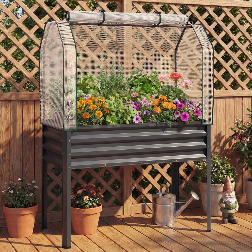 2 Pieces Galvanized Raised Garden Bed with Legs and Greenhouse Cover for Vegetable Flower