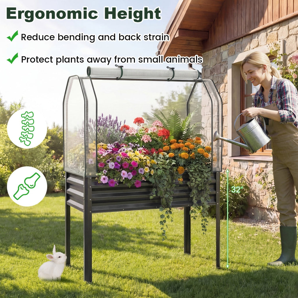 2 Pieces Galvanized Raised Garden Bed with Legs and Greenhouse Cover for Vegetable Flower
