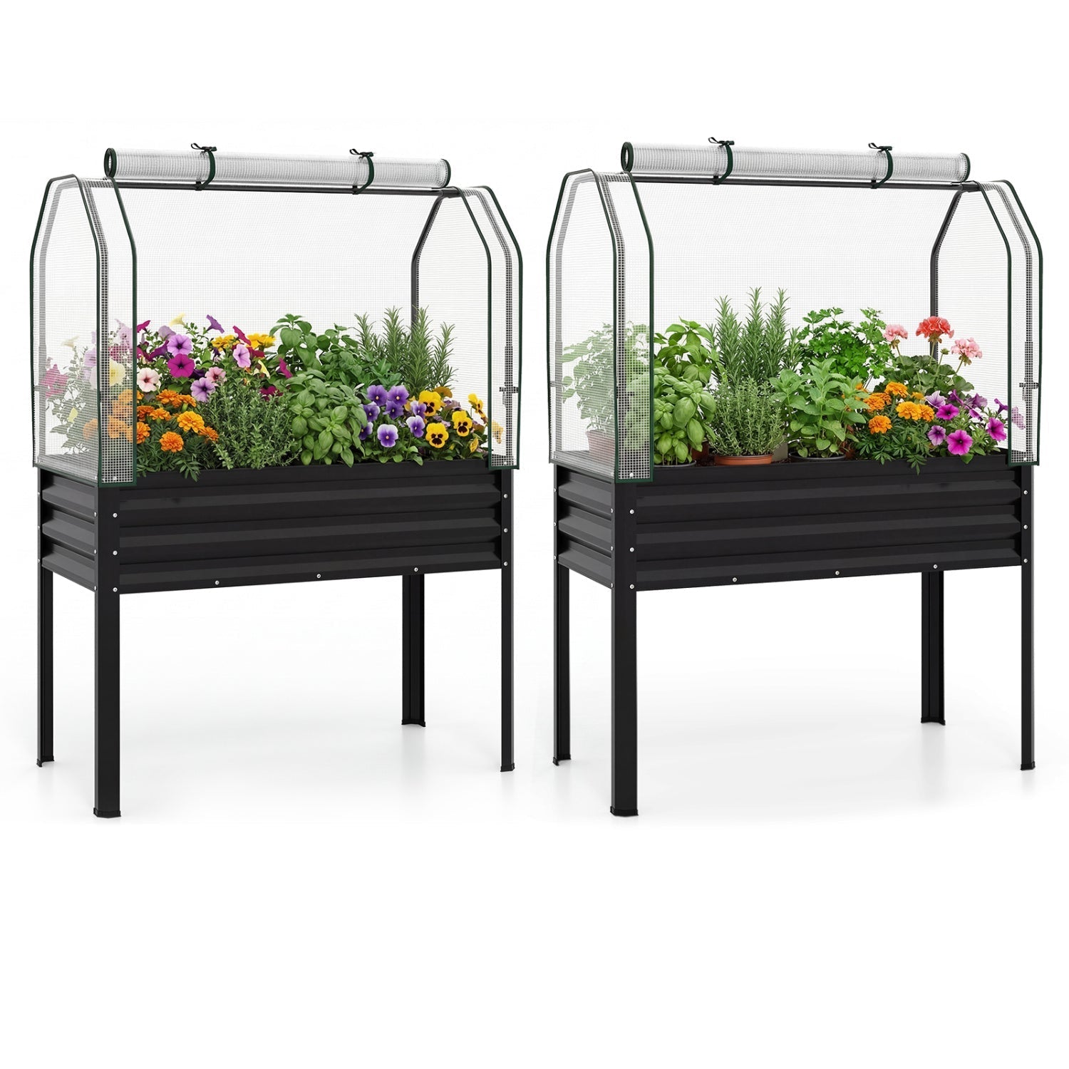 2 Pieces Galvanized Raised Garden Bed with Legs and Greenhouse Cover for Vegetable Flower