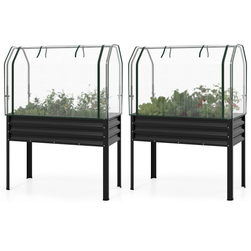 2 Pieces Galvanized Raised Garden Bed with Legs and Greenhouse Cover for Vegetable Flower