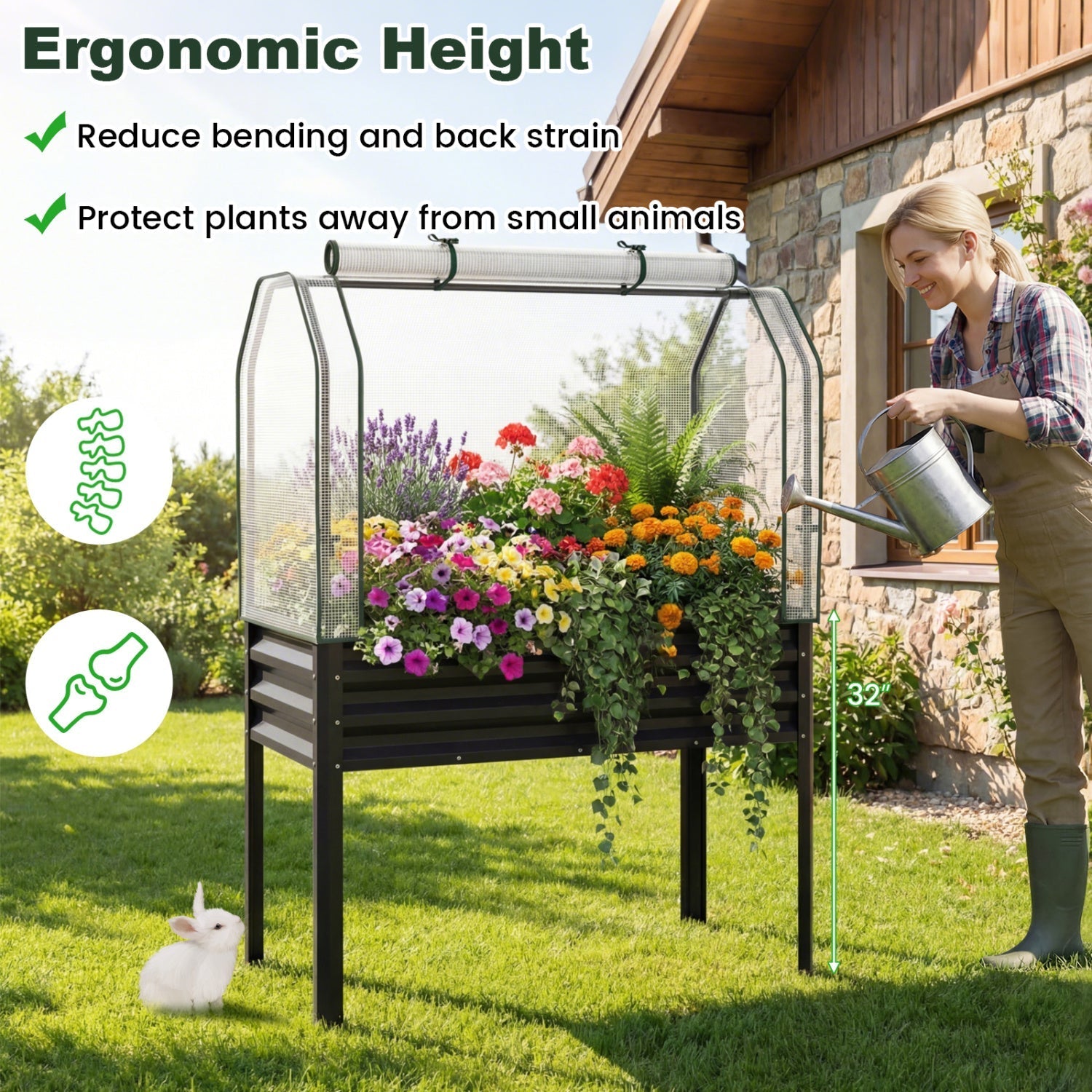 2 Pieces Galvanized Raised Garden Bed with Legs and Greenhouse Cover for Vegetable Flower