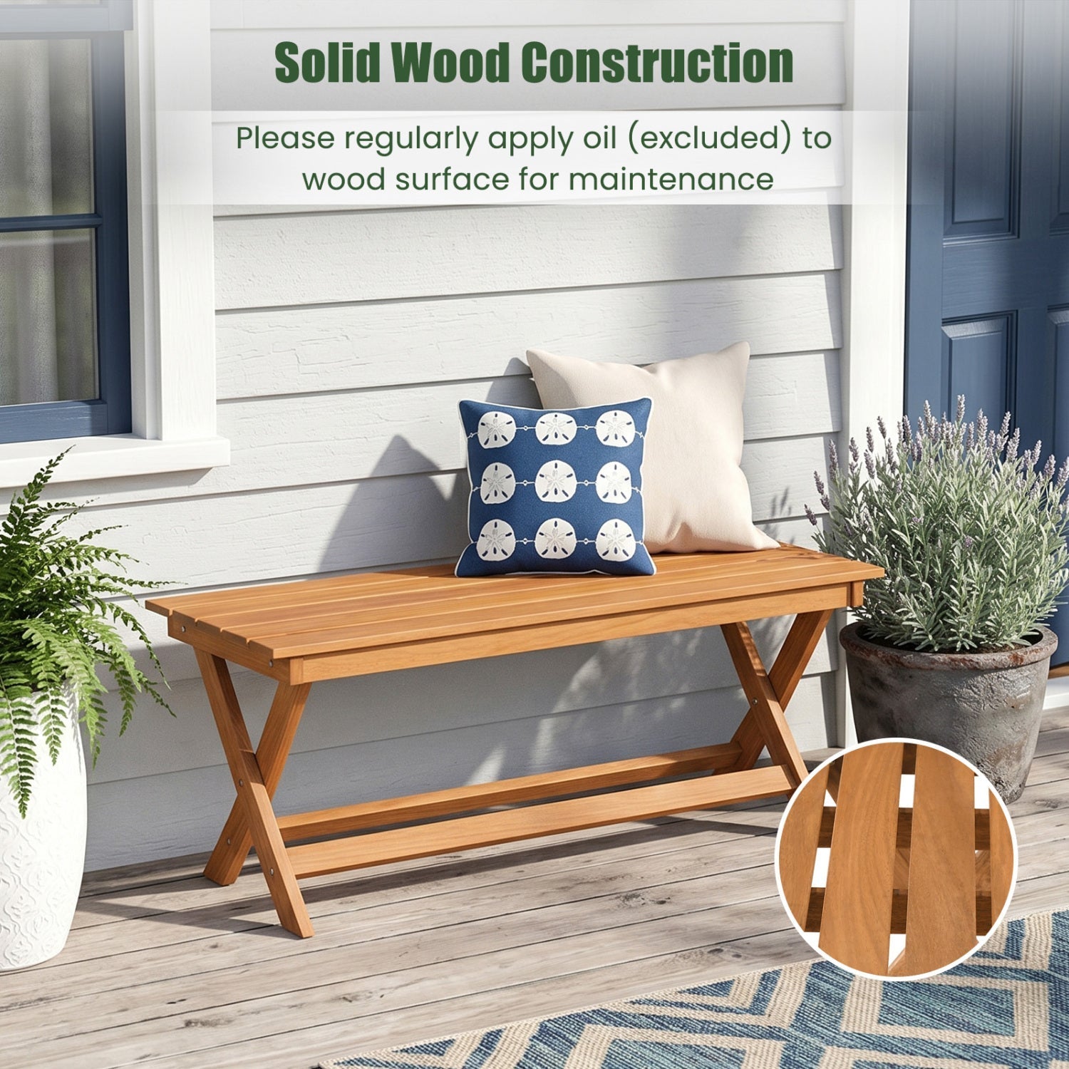 2-Seat Wooden Garden Patio Bench with X-Shaped Legs
