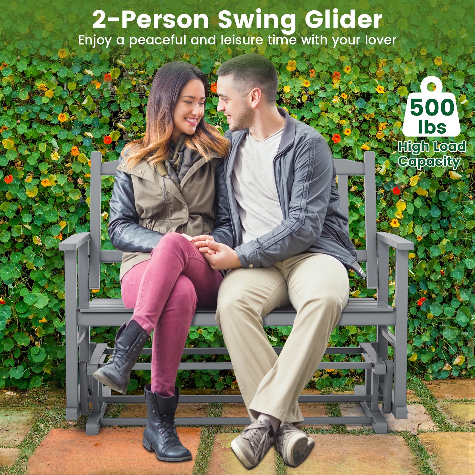 2 Seats Outdoor Glider Bench with Armrests and Slatted Seat-Gray