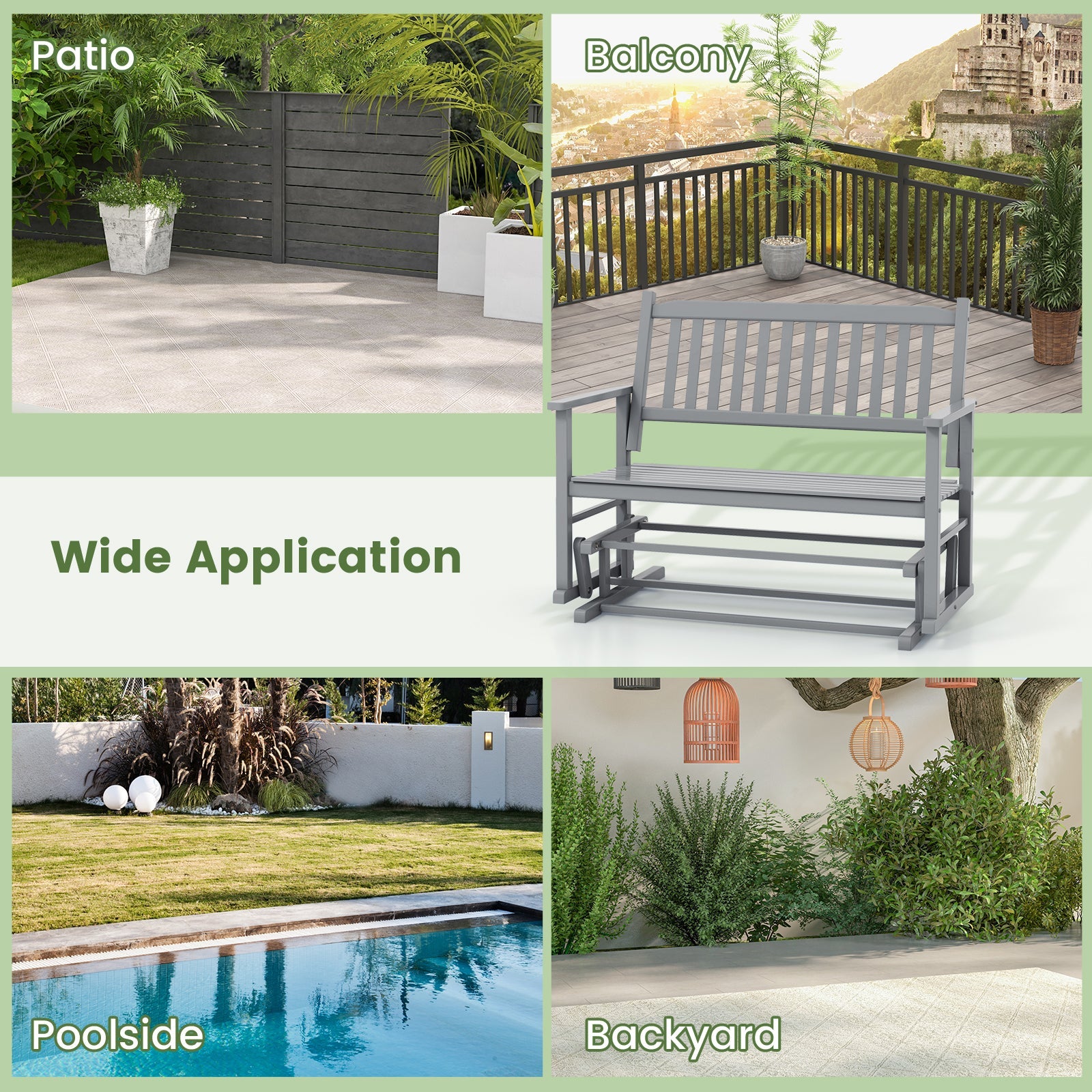 2 Seats Outdoor Glider Bench with Armrests and Slatted Seat-Gray