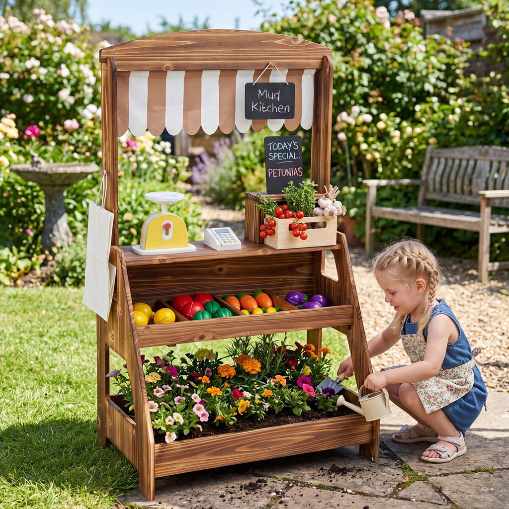 2-in-1 Wooden Mud Kitchen & Market Stand with Planter Box