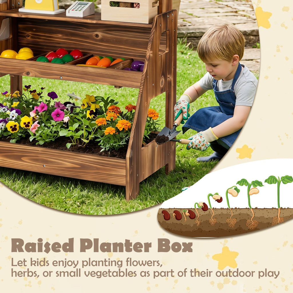2-in-1 Wooden Mud Kitchen & Market Stand with Planter Box