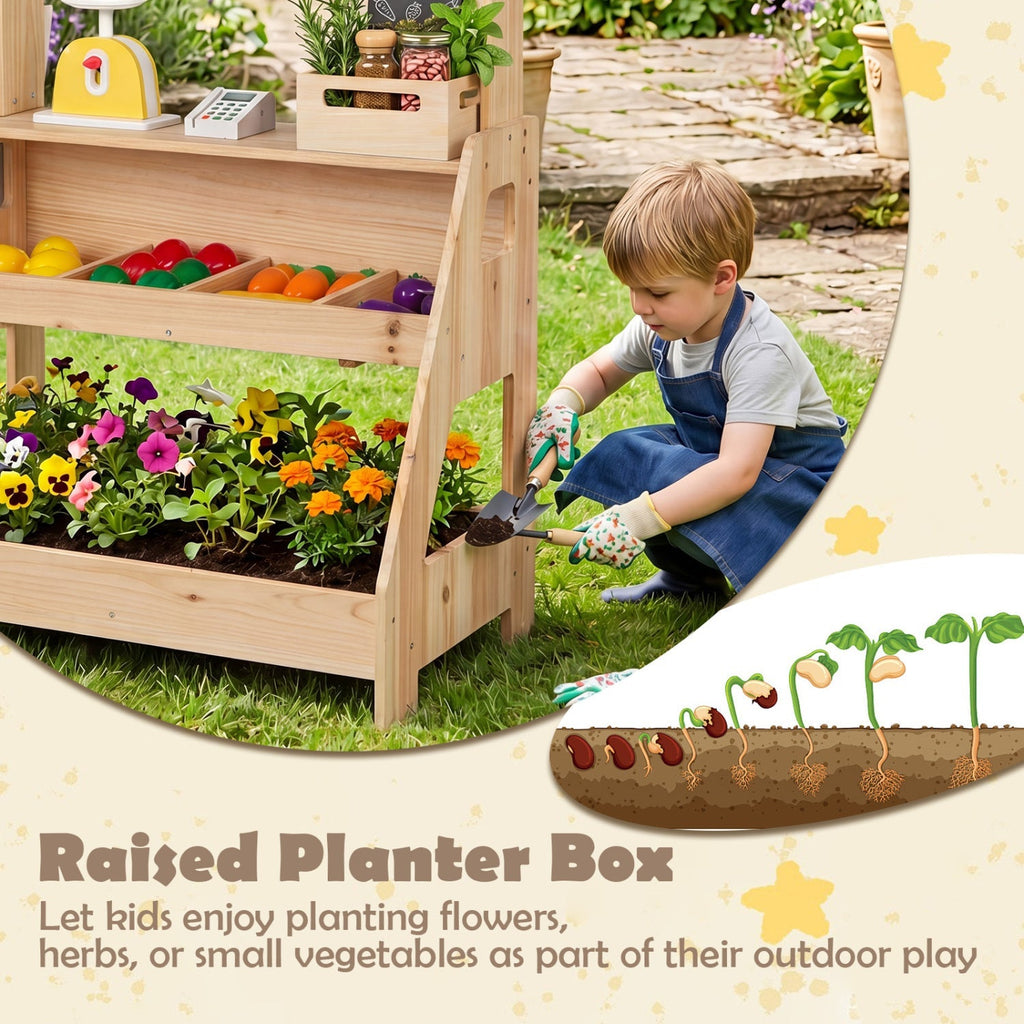 2-in-1 Wooden Mud Kitchen & Market Stand with Planter Box