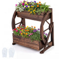 2-tier Raised Garden Bed Rustic Wood Wagon Planter with Drainage Holes and Semi-wheels-Coffee