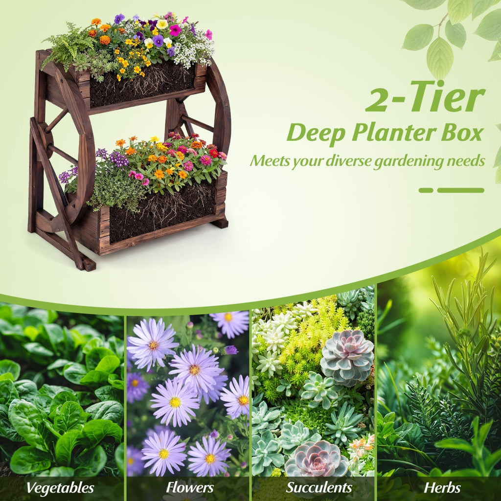 2-tier Raised Garden Bed Rustic Wood Wagon Planter with Drainage Holes and Semi-wheels-Coffee
