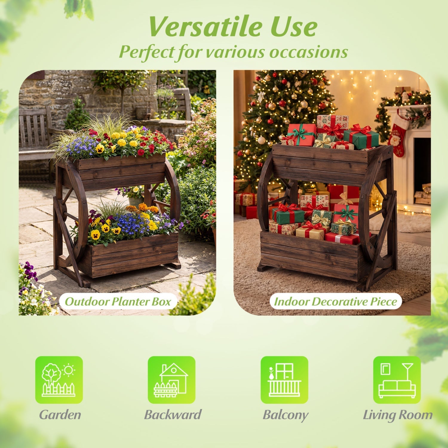 2-tier Raised Garden Bed Rustic Wood Wagon Planter with Drainage Holes and Semi-wheels-Coffee