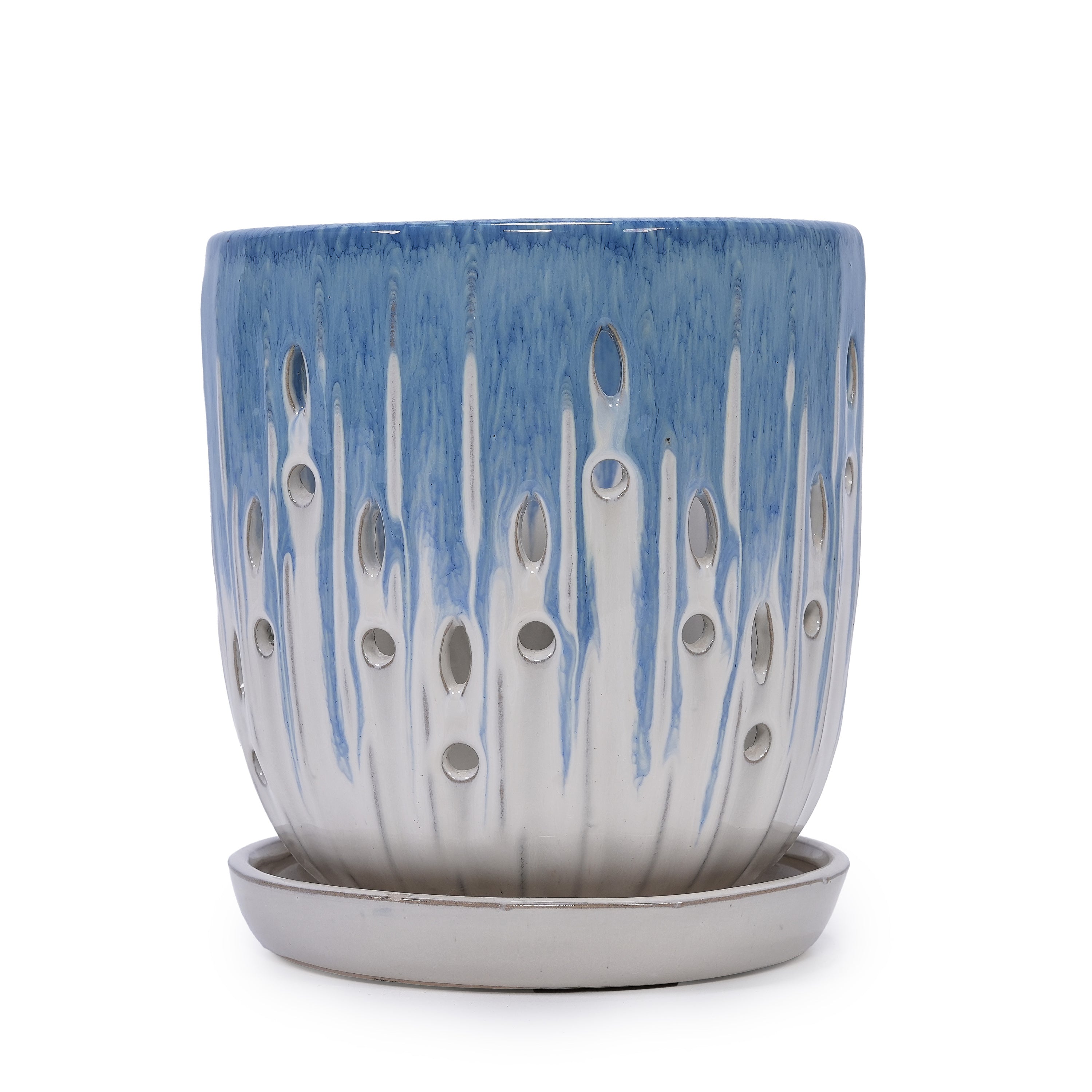 Set of 2 Ceramic Flowerpot with Drainage Hole, 8' Modern Planter for Patio, Garden, Windowsill - White Blue