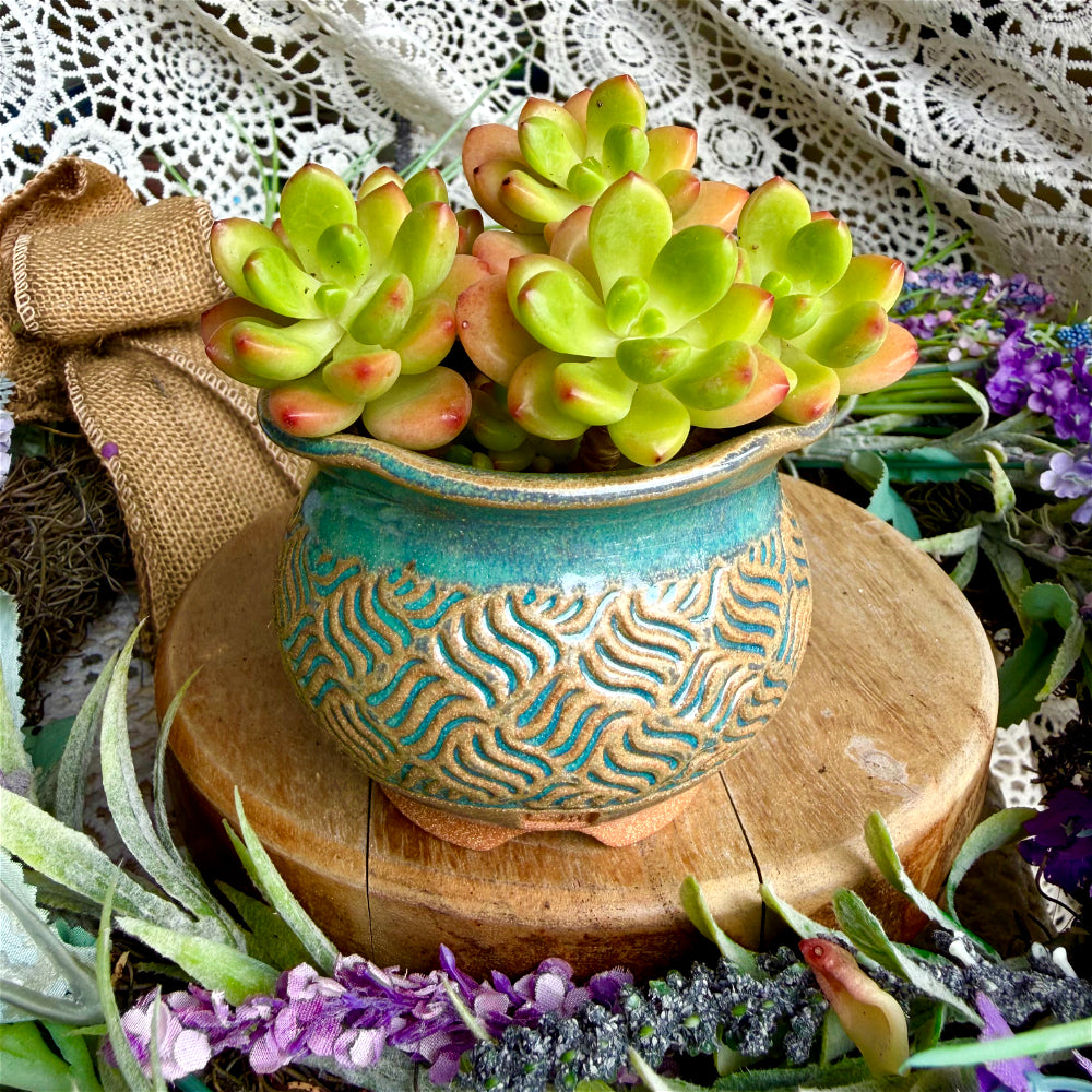 WS-0065 Artisan Made Pottery Plant Pot - Pot Rim Diameter: ~2.4" - Handcrafted