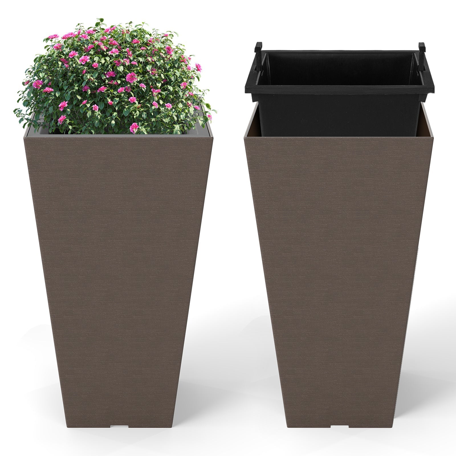 Set of 2 Square Taper Planter with Removable Inner Bucket and Optional Drainage Hole