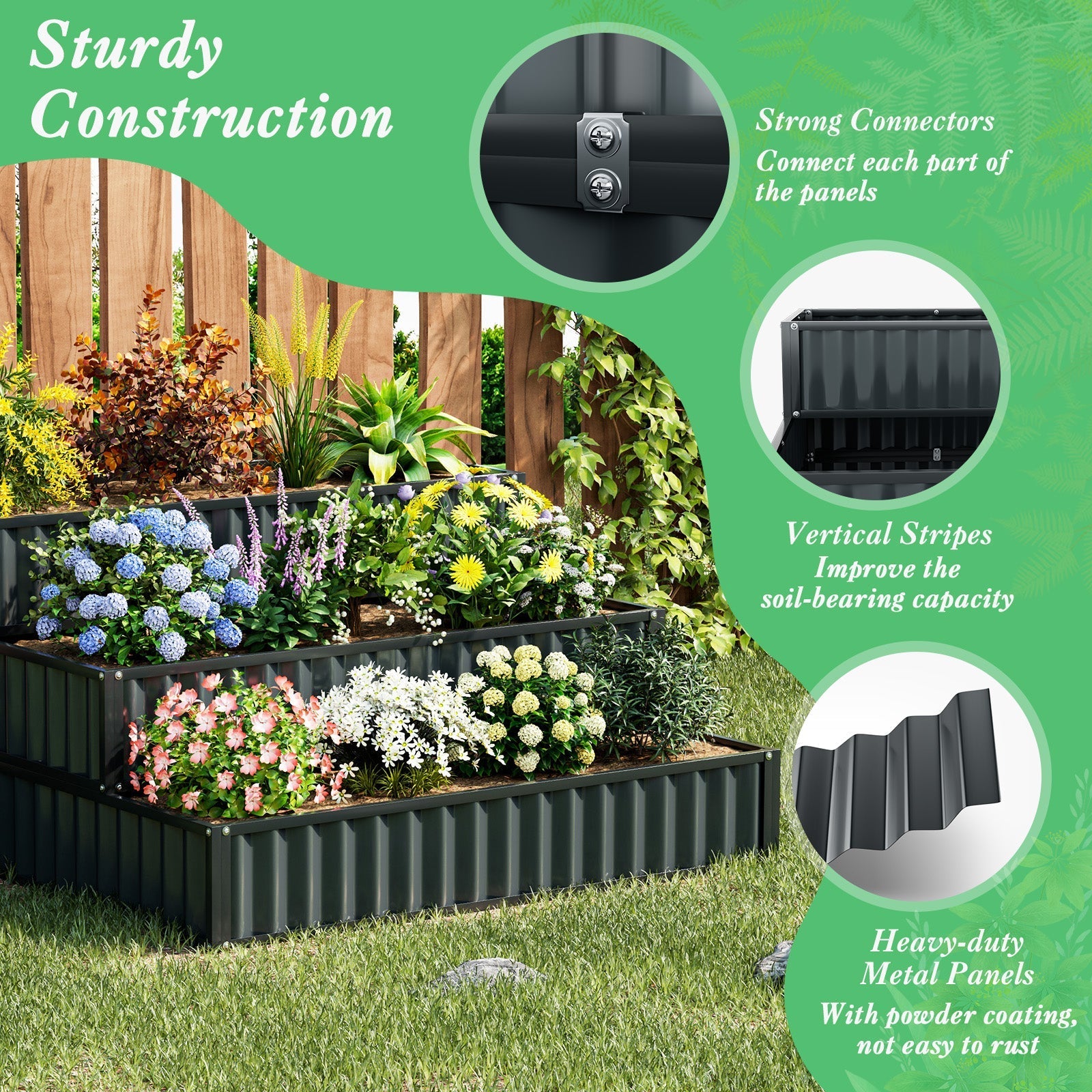 Heavy-Duty Metal Outdoor 3-Tier Raised Garden Bed Planter Box