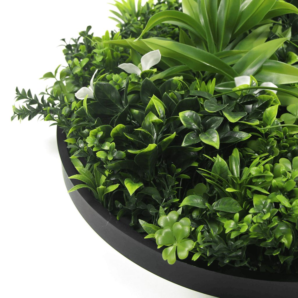 Artificial Green Wall Disc 20in – Black Frame – UV Resistant – Commercial Grade
