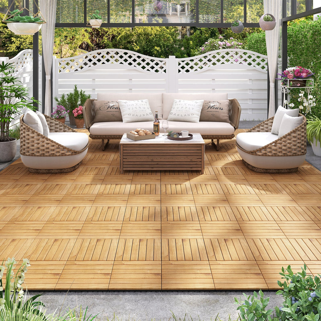 30 PCS Interlocking Deck Tiles 12 x 12 Inch Acacia Wood Patio Tiles with Straight Slats-Natural