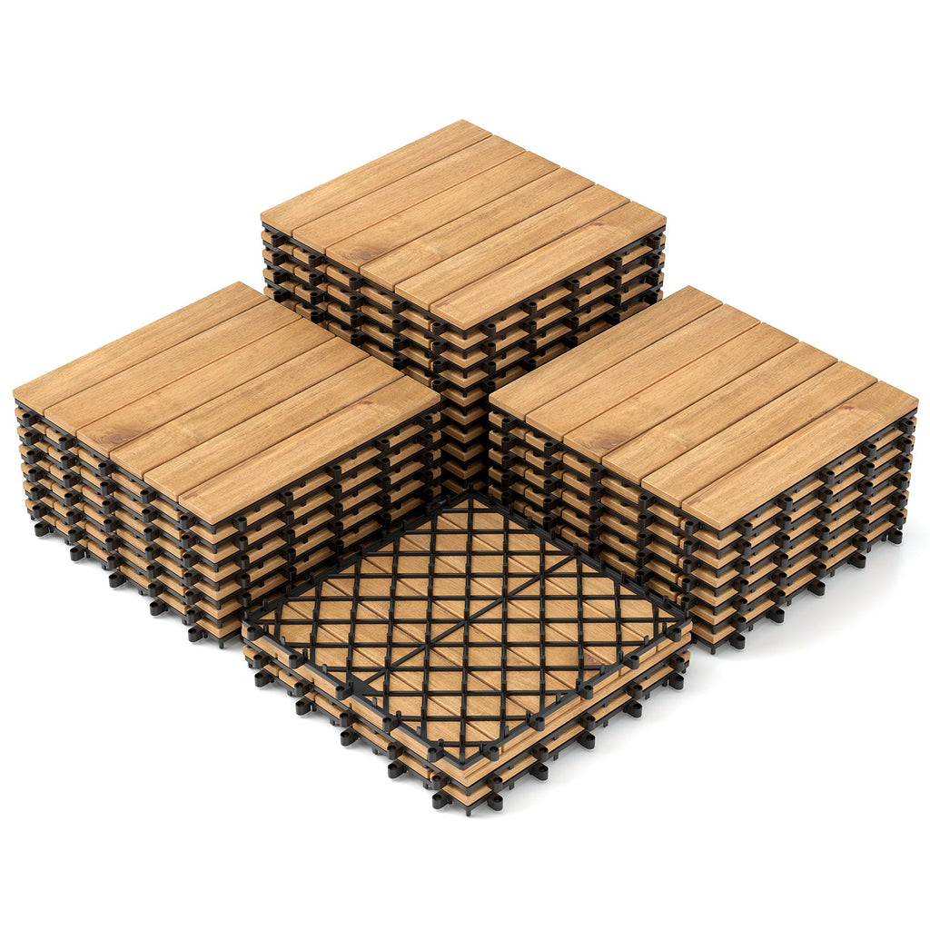 30 PCS Interlocking Deck Tiles 12 x 12 Inch Acacia Wood Patio Tiles with Straight Slats-Natural