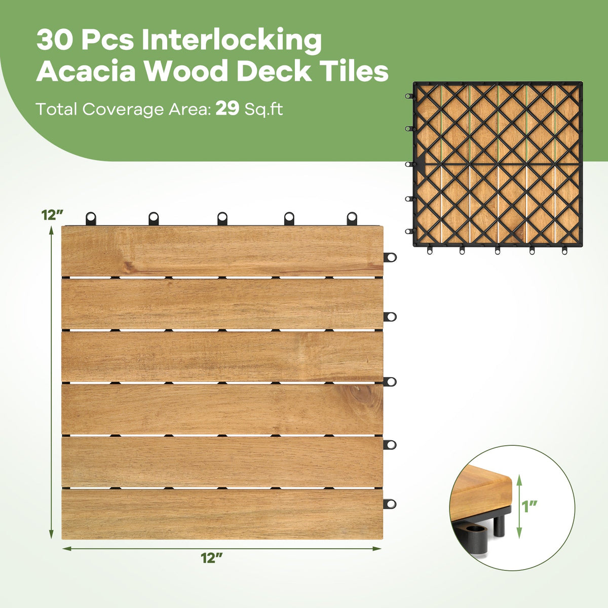 30 PCS Interlocking Deck Tiles 12 x 12 Inch Acacia Wood Patio Tiles with Straight Slats-Natural