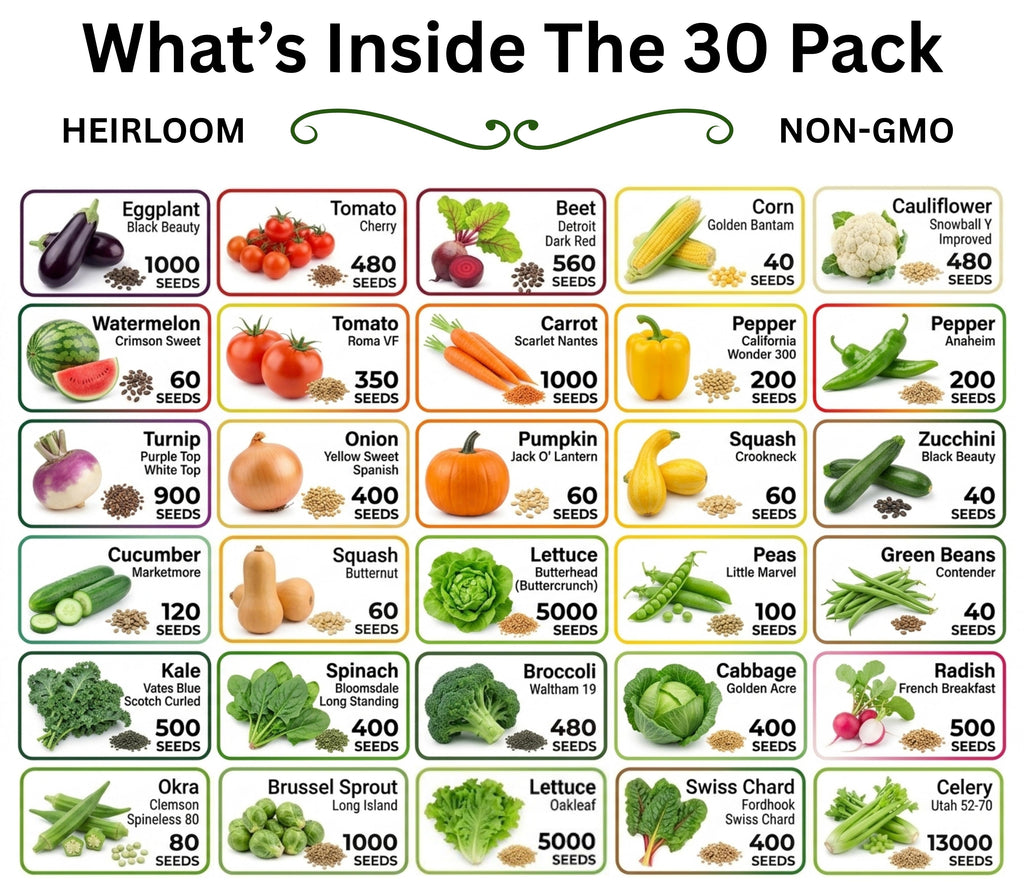 20-50 Varieties - Heirloom Vegetable & Herb Long-Term Seed Vault Bucket – USA Grown, Non-GMO - 10,000-50,000 Seeds